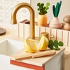 image:imageTiny Land Wooden Play Kitchen for Toddlers Compact Cream Pretend Play Set  Cutting Food amp Stainless Steel Cookware Oven Stove Sink Clicking Knobs Storage Shelf Gift for Girls amp Boys Ages 3Warm Retro