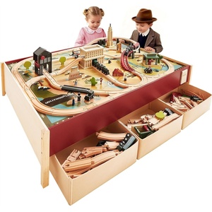 image:imageTiny Land Large Wooden Train Table 479x352 with 104PCS Train Set  Activity Playset for Kids Ages 3 with 3 Storage Bins Vintage 1920s Train Town with Authentic Sounds amp Interactive Play
