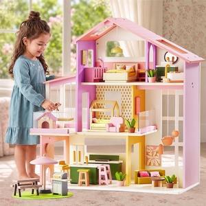 image:imageTiny Land Wooden Doll House Modern Family Dollhouse with Realistic Design  7 Rooms Dollhouse with 49 PCS Accessories Montessori Pretend Play Toddler Toy Ideal Gift for Kids Ages 3 PinkPink