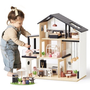 image:imageTiny Land Wooden Doll House Modern Family Dollhouse with Realistic Design  7 Rooms Dollhouse with 49 PCS Accessories Montessori Pretend Play Toddler Toy Ideal Gift for Kids Ages 3 PinkBlack