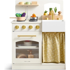 image:imageTiny Land Wooden Play Kitchen for Toddlers Compact Cream Pretend Play Set  Cutting Food amp Stainless Steel Cookware Oven Stove Sink Clicking Knobs Storage Shelf Gift for Girls amp Boys Ages 3White