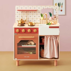 image:imageTiny Land Wooden Play Kitchen for Toddlers Compact Cream Pretend Play Set  Cutting Food amp Stainless Steel Cookware Oven Stove Sink Clicking Knobs Storage Shelf Gift for Girls amp Boys Ages 3Warm Retro